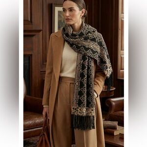 Lauren Ralph Lauren Black & Gold Geometric Knit Scarf Fringe Aztec Boho Winter